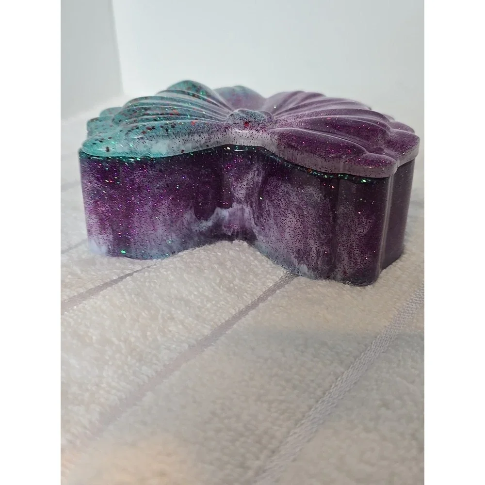 Handmade Resin Bow Shaped‎ Trinket Box With Lid Purple Green Glitter 769